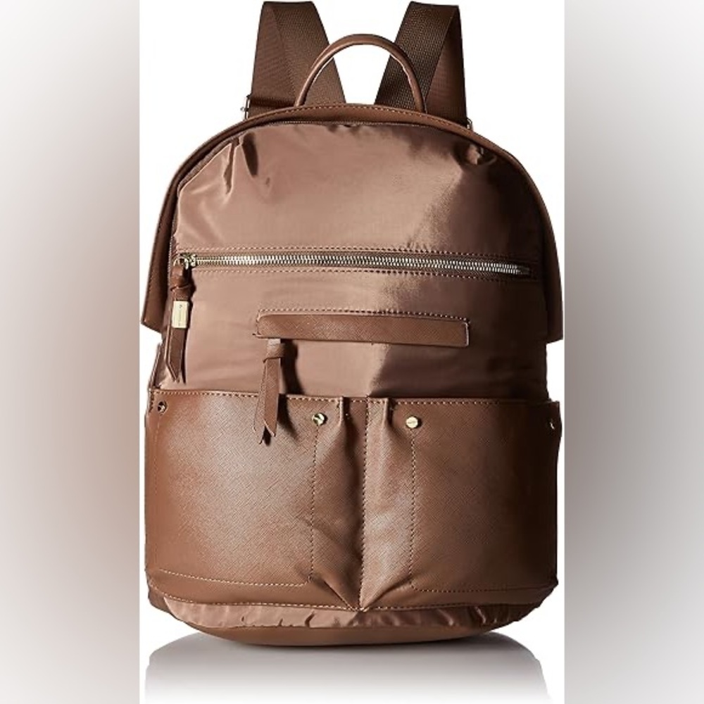 Brown Leather-Like Backpack with Front Pockets and Top Handle